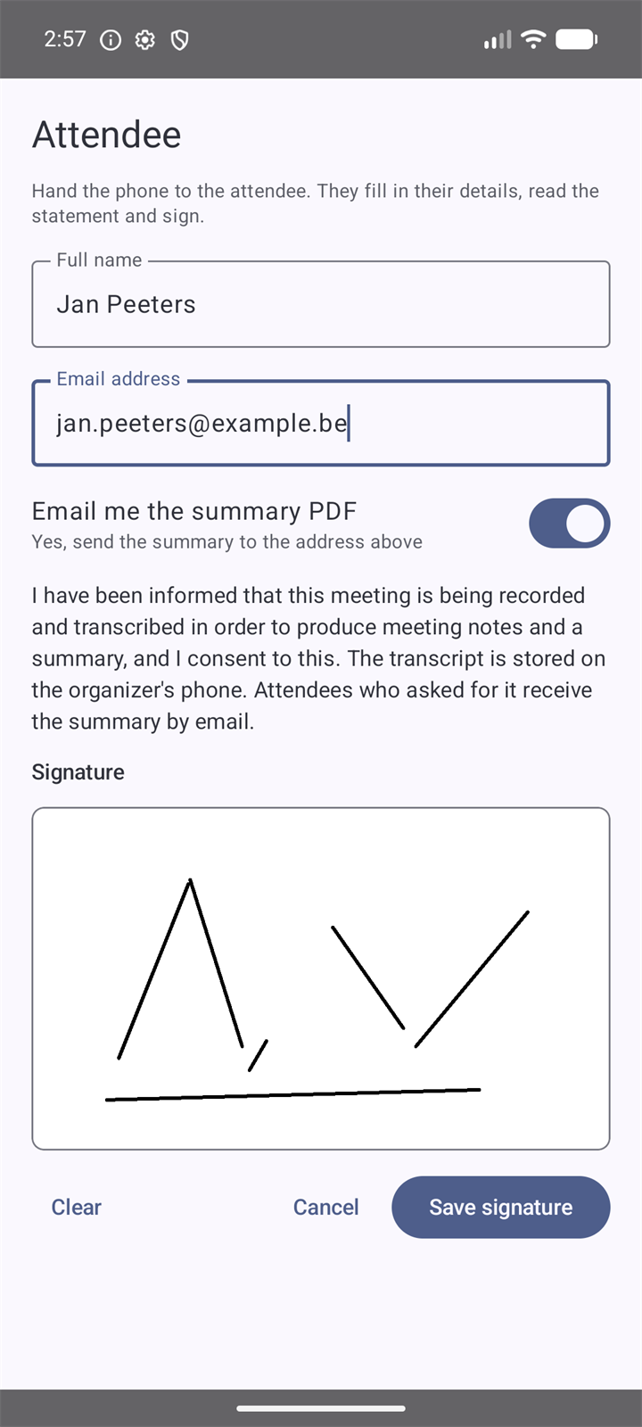 Registratieformulier voor een deelnemer met naam, e-mailadres, toestemmingsverklaring en een handtekening op het tekenvlak