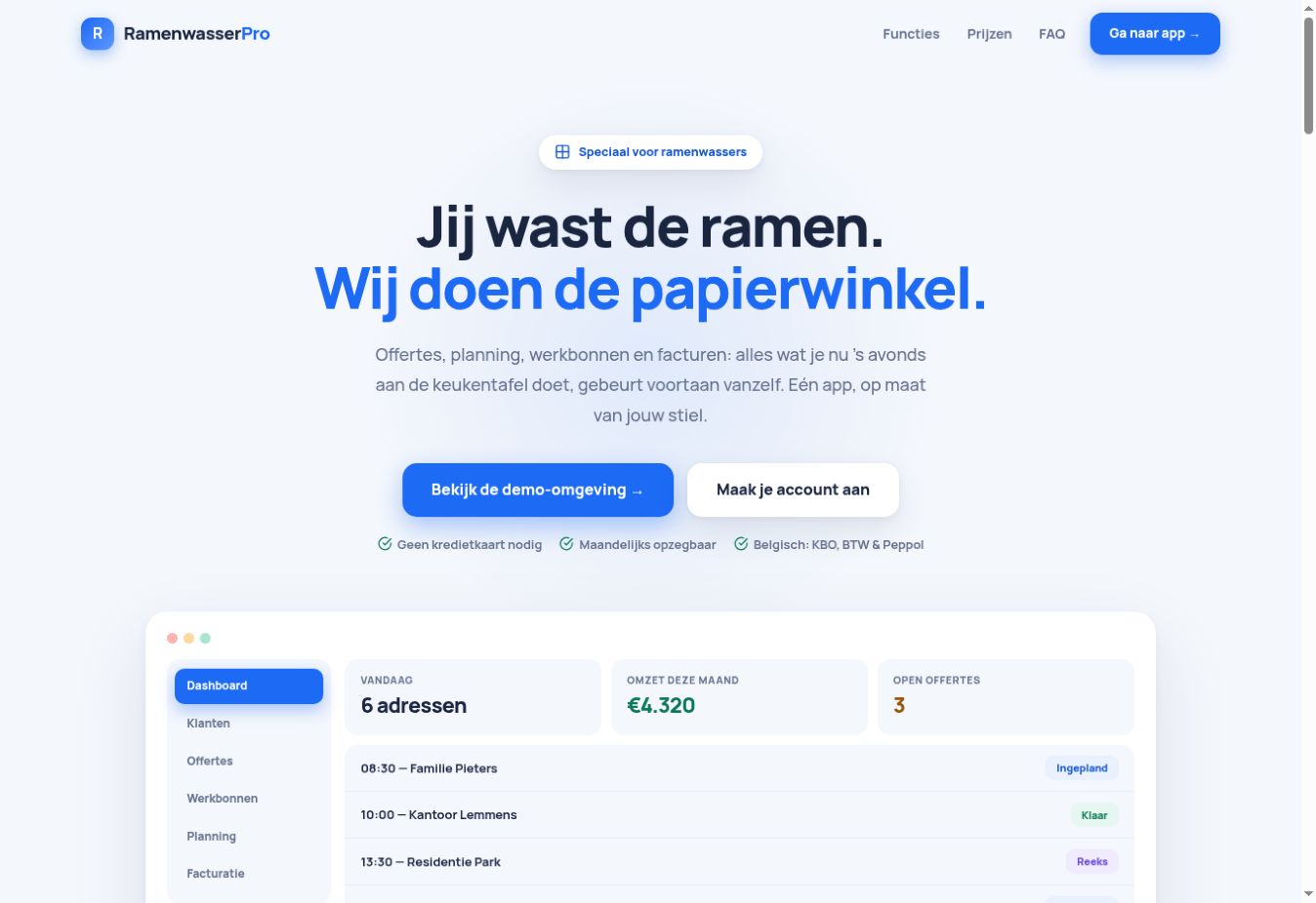 Homepage van het SaaS-platform RamenwasserPro